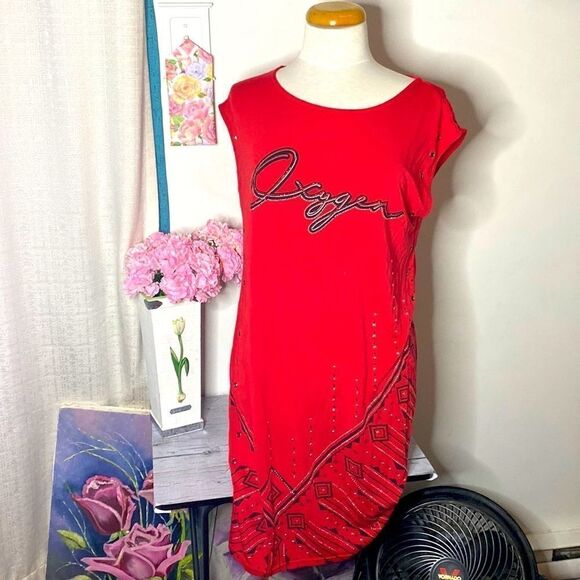🌷OXYGEN🌷RED Rhinestone Beaded Short Sleeve Dress - Picture 2 of 13